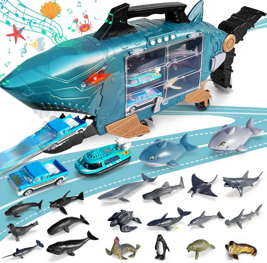 Konijiwa Shark Toys with led, Music Ocean Animals Toys, Shark Truck Toys with 2pcs Toy Trucks, 2pcs Shark Cars,18pcs sea Animal Toys for 3+ Year Old Kids