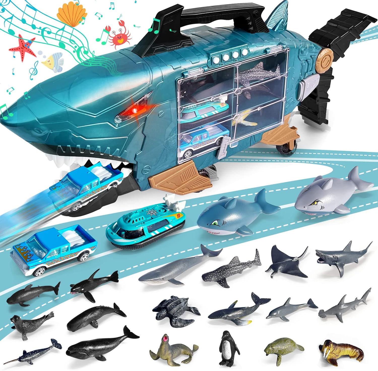 Konijiwa Shark Toys with led, Music Ocean Animals Toys, Shark Truck Toys with 2pcs Toy Trucks, 2pcs Shark Cars,18pcs sea Animal Toys for 3+ Year Old Kids