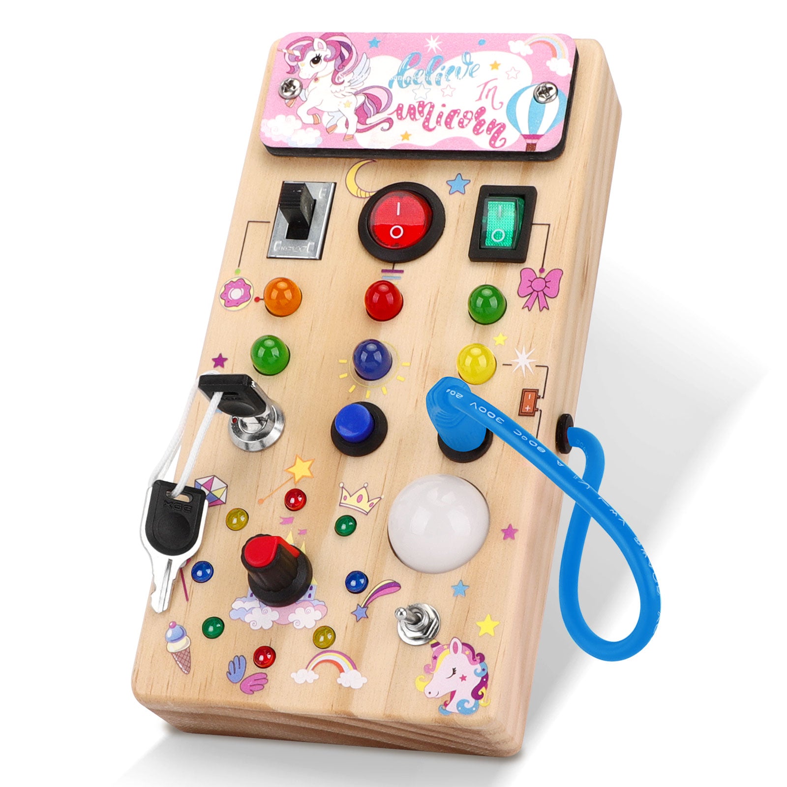 Konijiwa Montessori Wooden Busy Board with LED Light Switches for Toddler, Sensory Travel Toys for 1-3 Year Old Boys and Girls