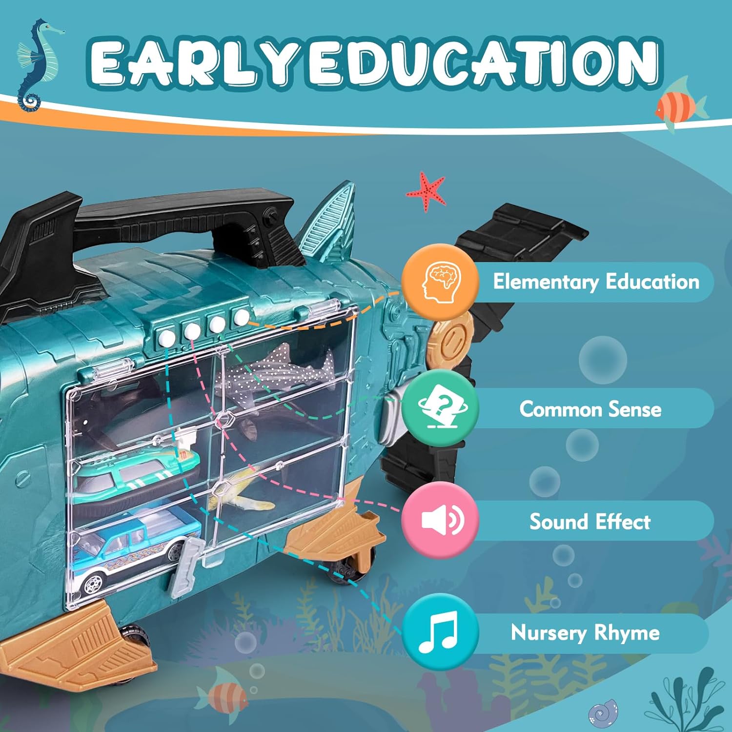 Konijiwa Shark Toys with led, Music Ocean Animals Toys, Shark Truck Toys with 2pcs Toy Trucks, 2pcs Shark Cars,18pcs sea Animal Toys for 3+ Year Old Kids