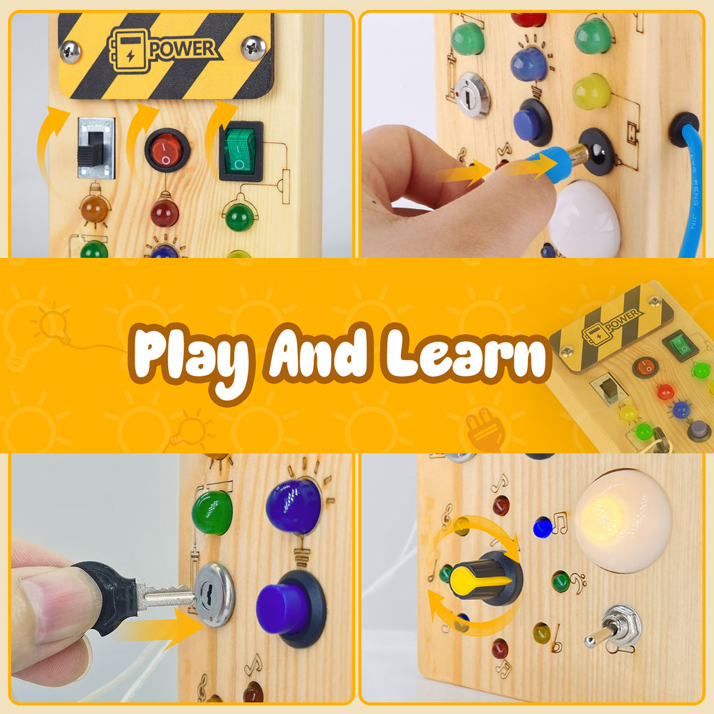 Konijiwa Montessori Wooden Busy Board with LED Light Switches for Toddler, Sensory Travel Toys for 1-3 Year Old Boys and Girls