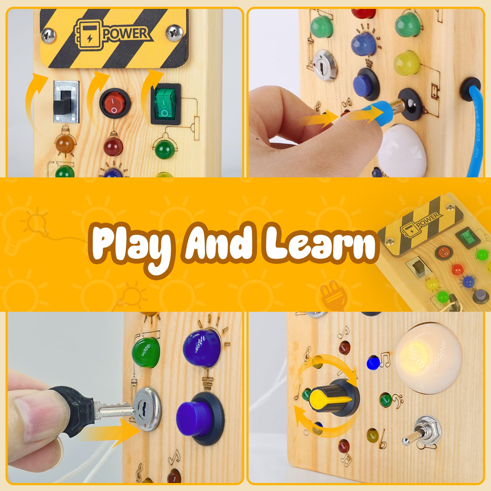 Konijiwa Montessori Wooden Busy Board with LED Light Switches for Toddler, Sensory Travel Toys for 1-3 Year Old Boys and Girls