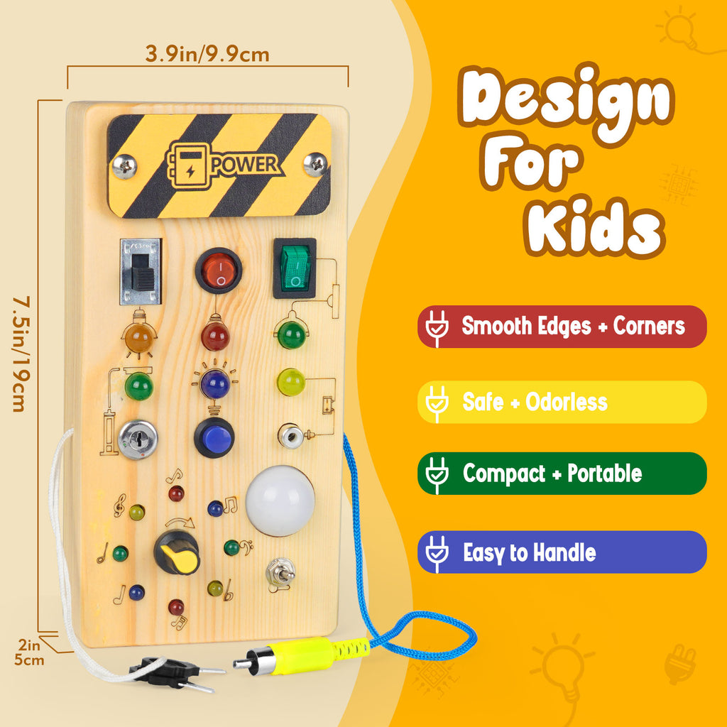 Konijiwa Montessori Wooden Busy Board with LED Light Switches for Toddler, Sensory Travel Toys for 1-3 Year Old Boys and Girls