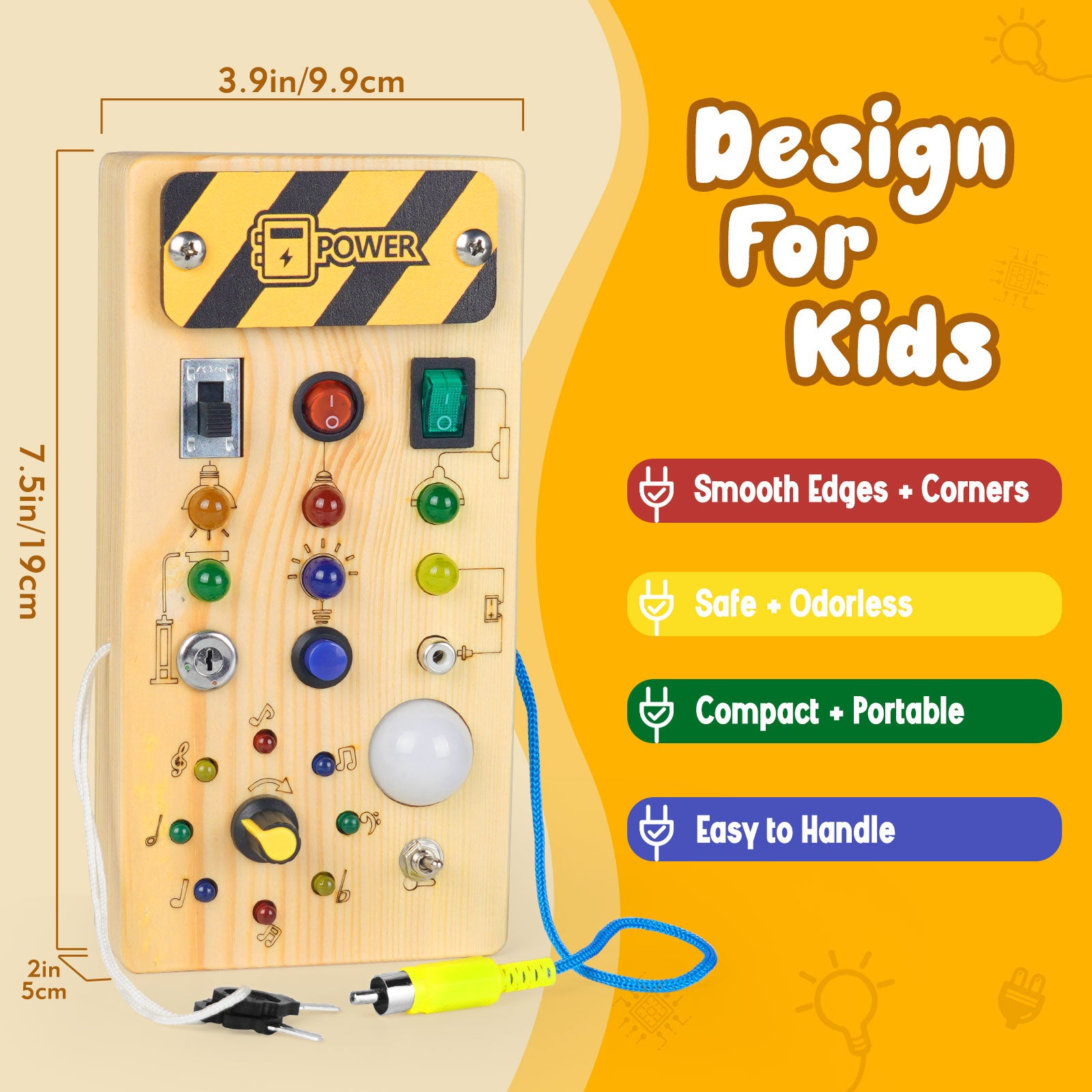 Konijiwa Montessori Wooden Busy Board with LED Light Switches for Toddler, Sensory Travel Toys for 1-3 Year Old Boys and Girls