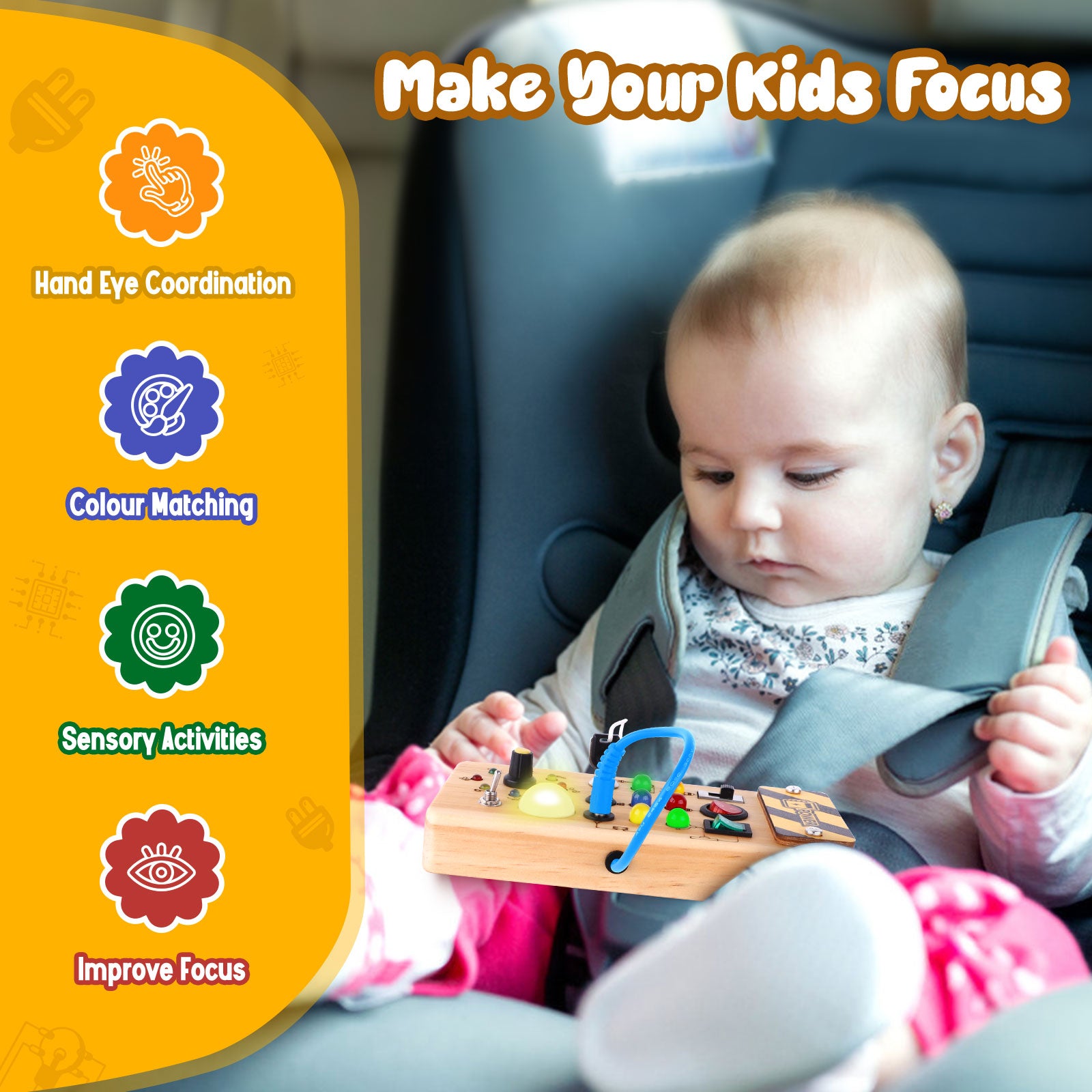 Konijiwa Montessori Wooden Busy Board with LED Light Switches for Toddler, Sensory Travel Toys for 1-3 Year Old Boys and Girls