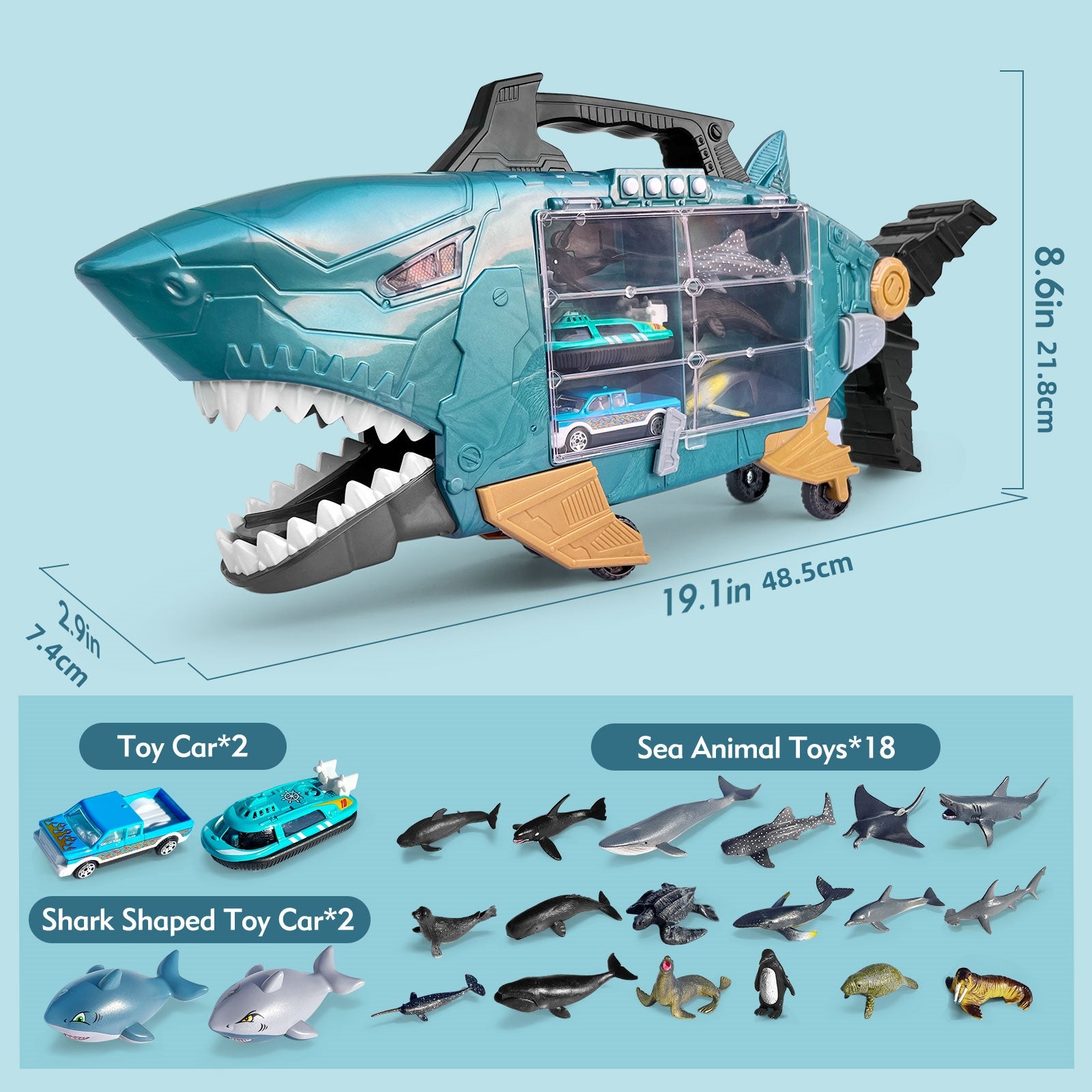 Konijiwa Shark Toys with led, Music Ocean Animals Toys, Shark Truck Toys with 2pcs Toy Trucks, 2pcs Shark Cars,18pcs sea Animal Toys for 3+ Year Old Kids