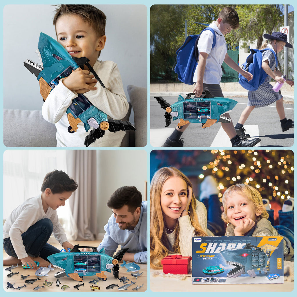 Konijiwa Shark Toys with led, Music Ocean Animals Toys, Shark Truck Toys with 2pcs Toy Trucks, 2pcs Shark Cars,18pcs sea Animal Toys for 3+ Year Old Kids