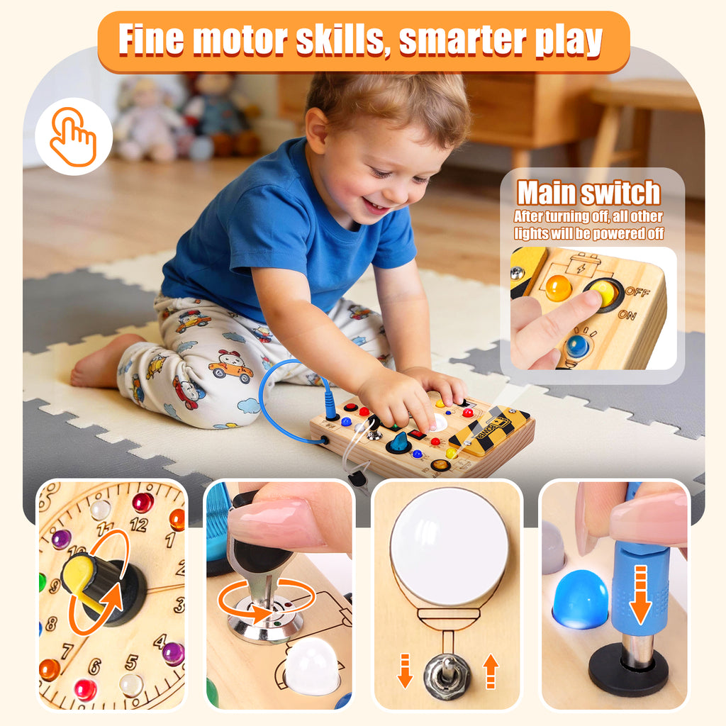 Konijiwa Montessori Busy Board with LED Light Switches, Toddler Sensory Toys for 1-3 Year Old Boys and Girls