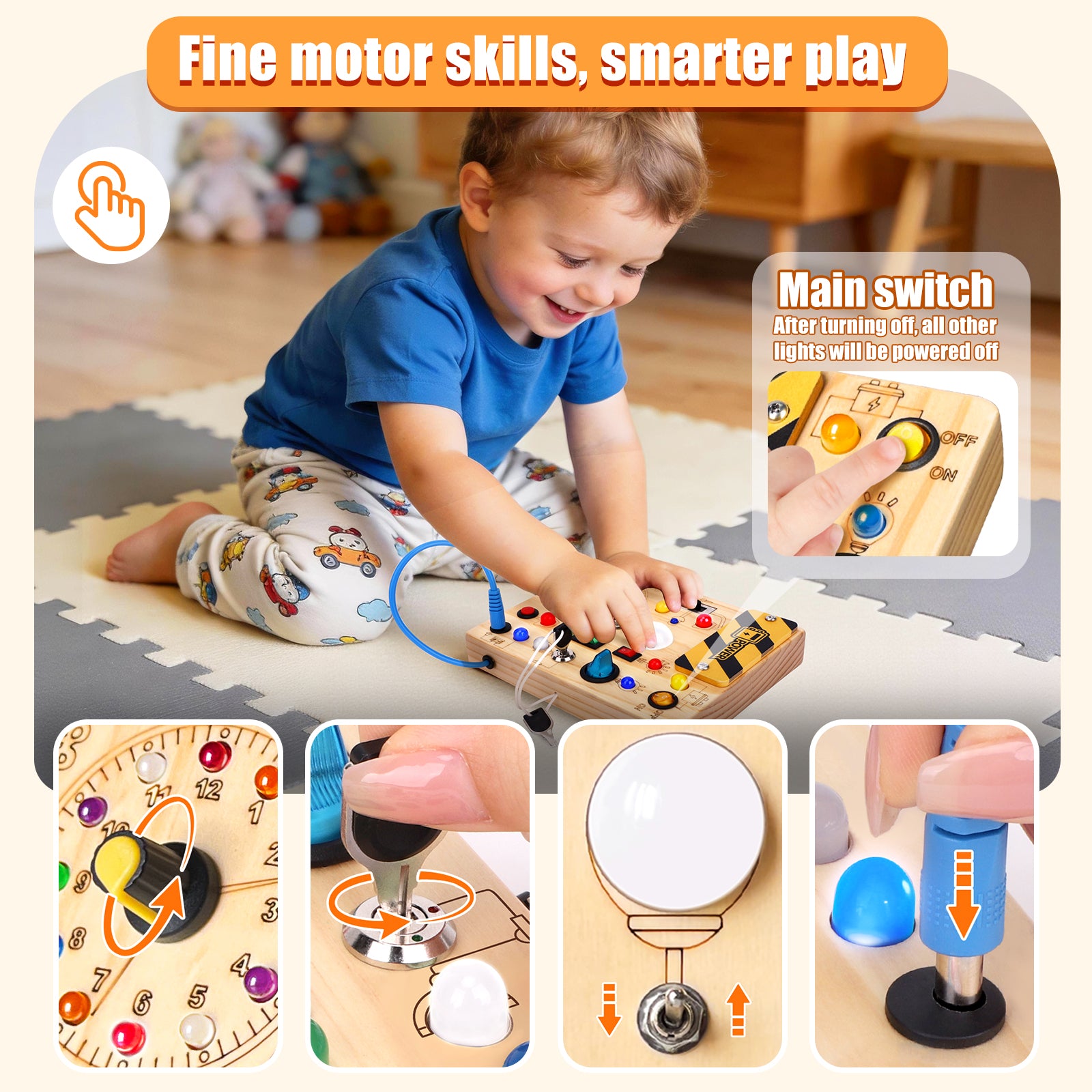 Konijiwa Montessori Busy Board with LED Light Switches, Toddler Sensory Toys for 1-3 Year Old Boys and Girls