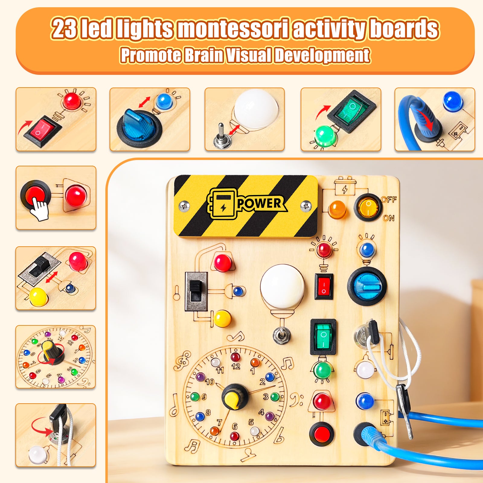 Konijiwa Montessori Busy Board with LED Light Switches, Toddler Sensory Toys for 1-3 Year Old Boys and Girls